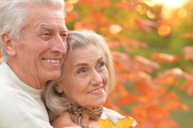 Portrait de beau couple senior caucasien étreindre dans le parc