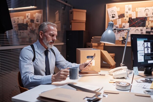 Portrait d'un beau détective masculin étudiant des preuves et buvant du café sur le lieu de travail dans l'espace de copie du bureau