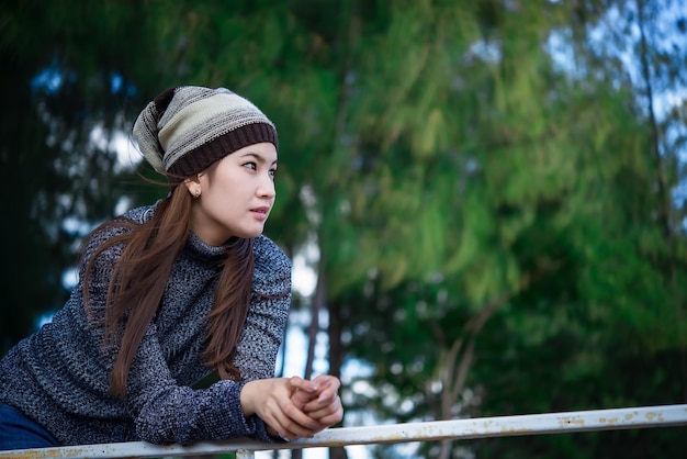 portrait, de, beau, femme asiatique, jeune fille, hiver, portrait, gens thaïlande