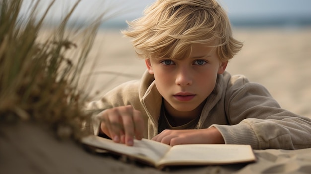 Portrait d'un beau garçon blond adolescent avec toupet s'est enterré dans le sable sur l'IA générative