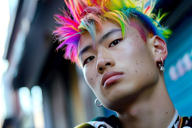 Photo portrait d'un beau gars avec une coiffure asymétrique au néon arc-en-ciel