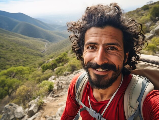 Un portrait d'un beau gars touriste dans une belle route de randonnée de montagne homme porter le sport active porter avec sac à dos Ai génératif