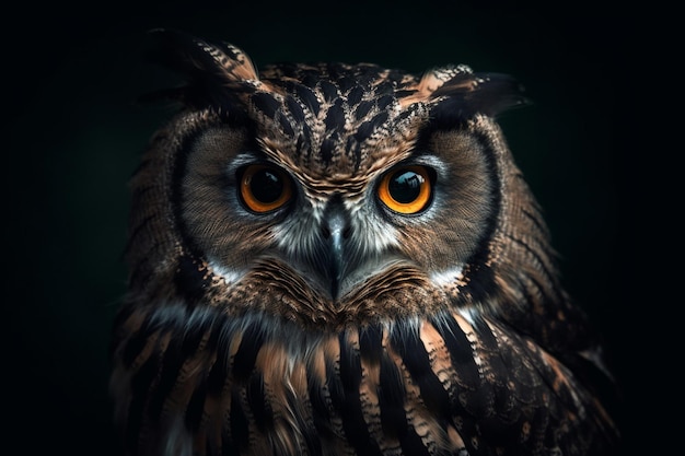 Portrait d'un beau hibou sur fond sombre ai générative tonique