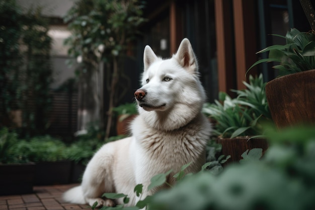 Portrait d'un beau husky sibérien assis dans le jardin généré par l'IA