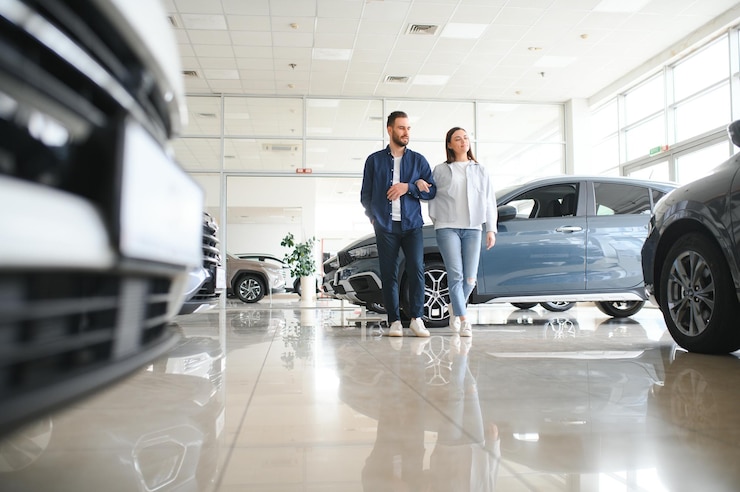 Photo portrait d'un beau jeune couple choisissant une nouvelle voiture chez un concessionnaire automobile
