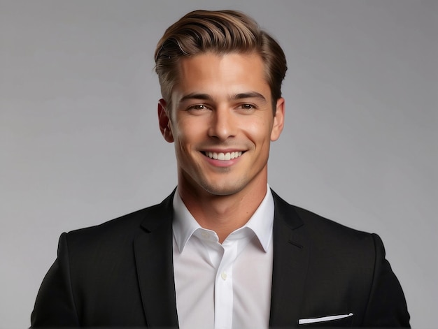 Portrait d'un beau jeune homme d'affaires américain souriant dans un costume noir