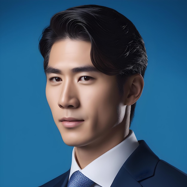 portrait d'un beau jeune homme d'affaires asiatique sur fond bleu