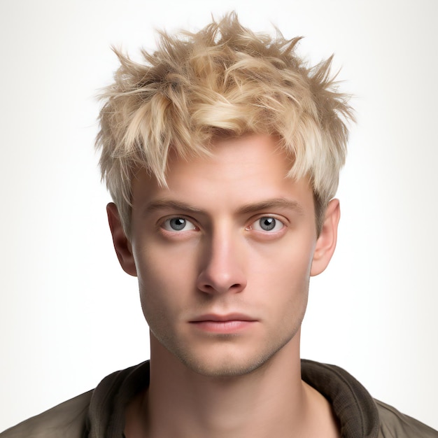 Portrait d'un beau jeune homme aux cheveux blonds sur fond blanc