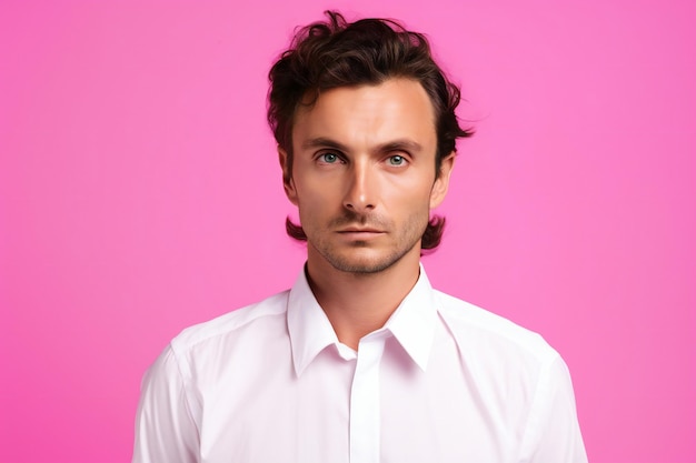 Portrait d'un beau jeune homme en chemise blanche sur fond rose