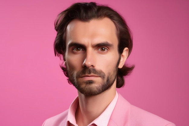 Portrait de beau jeune homme en chemise rose sur fond rose