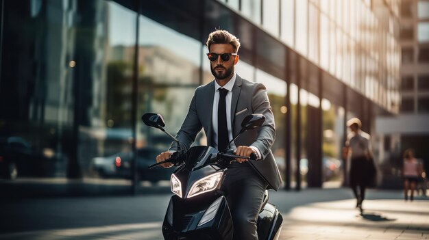 Portrait d'un beau jeune homme en costume et lunettes de soleil sur un scooter dans la ville