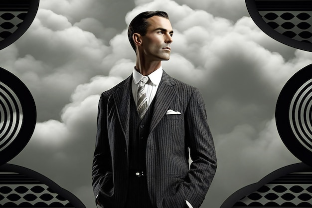 Portrait d'un beau jeune homme en costume noir sur fond de nuages