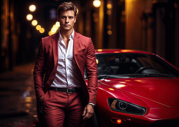 Portrait d'un beau jeune homme dans un costume rouge debout près de sa voiture