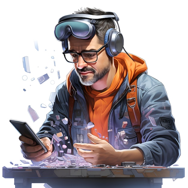Photo portrait d'un beau jeune homme avec des lunettes et des écouteurs avec un téléphone portable dans les mains