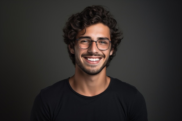 Portrait d'un beau jeune homme avec des lunettes souriant sur un fond gris