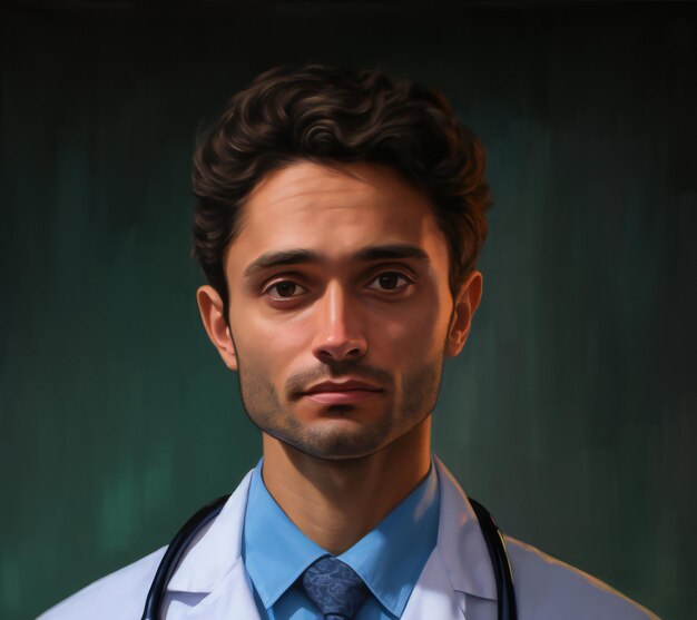 Portrait d'un beau jeune homme médecin sur fond sombre