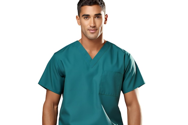 Portrait de beau jeune homme médecin en gommage vert isolé sur fond blanc