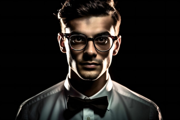 Portrait d'un beau jeune homme portant des lunettes et noeud papillon