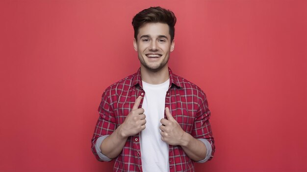 Portrait d'un beau jeune homme souriant et élégant vêtu d'une chemise à carreaux rouges