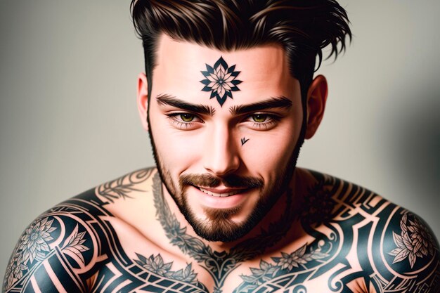 Portrait d'un beau jeune homme avec un tatouage sur son corps et son visage AI générative