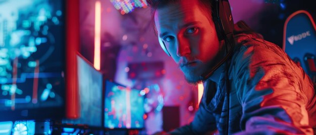 Un portrait d'un beau jeune joueur professionnel jouant à un jeu en ligne Une pièce de couleur néon Un championnat d'internet de cyberjeux eSport est joué en ligne