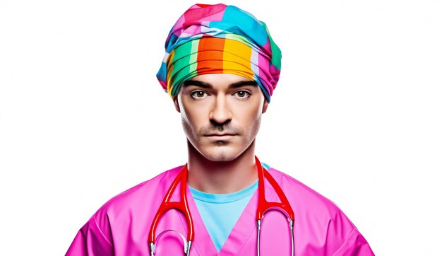 Portrait d'un beau jeune médecin avec une casquette et un stéthoscope