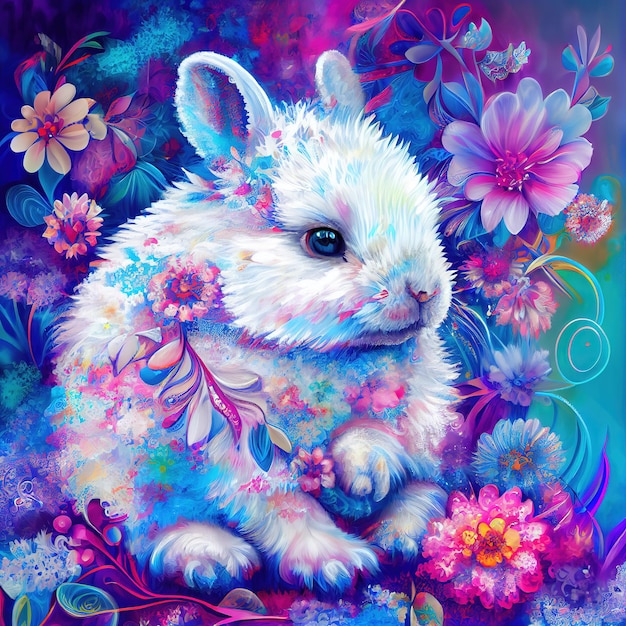 Portrait d'un beau lapin avec une crinière colorée entourée de fleurs Un lapin dessiné