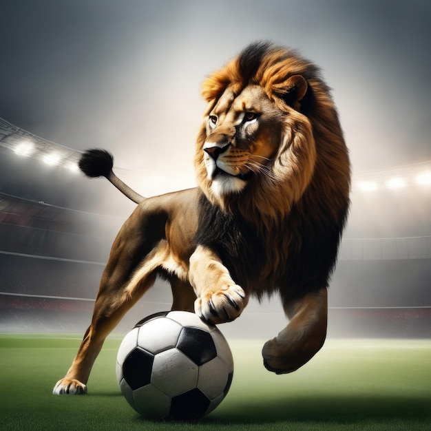 Portrait d'un beau lion avec un lion furieux de ballon de football en arrière-plan du stade