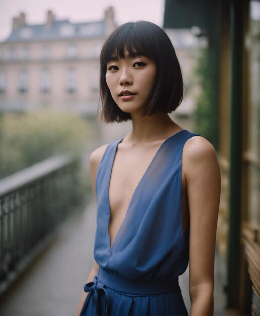 Photo portrait d'un beau mannequin japonais avec les cheveux coupés et une tenue sportive de loisirs