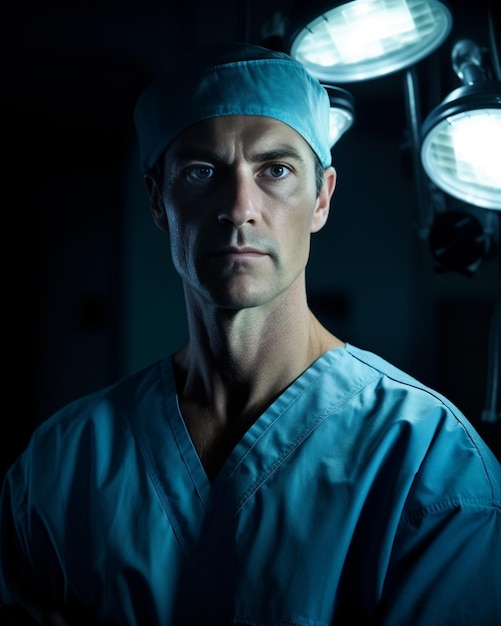 Portrait d'un beau médecin blanc mâle à casquette médicale en blouse bleue posant contre l'IA générative