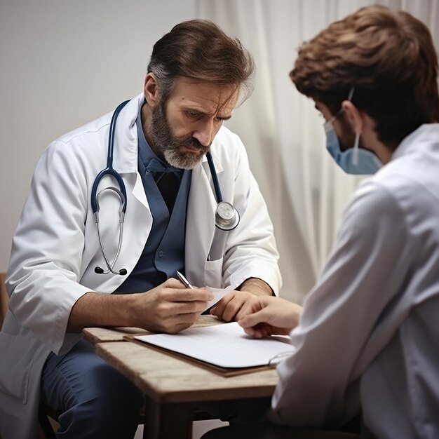 Portrait d'un beau médecin mûr tenant une tablette numérique et regardant la caméra