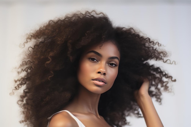 Portrait d'un beau modèle afro-américain aux cheveux bouclés étonnants