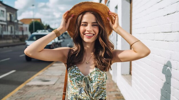 Photo portrait d'un beau modèle brunette souriante vêtue de vêtements hipsters d'été