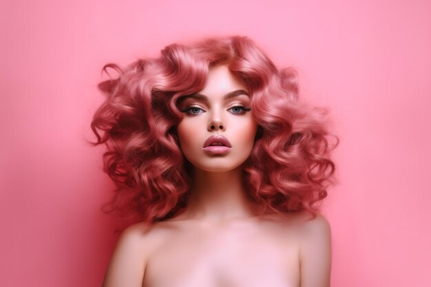 Portrait d'un beau modèle avec des cheveux roses sur un fond rose