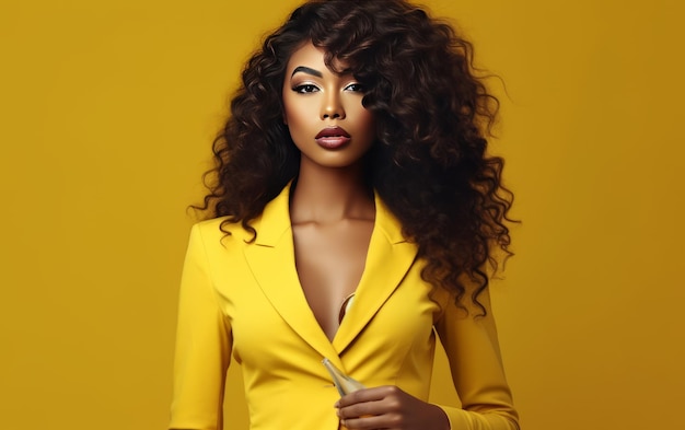 Portrait d'un beau modèle féminin afro-américain en tenue jaune