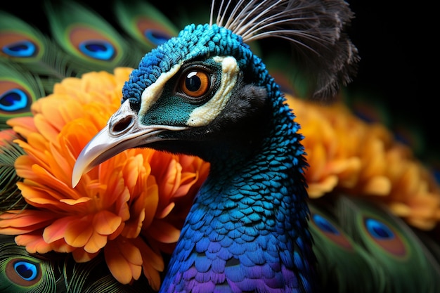 Photo portrait d'un beau paon avec ses plumes étalées pour attirer un partenaire ia générative