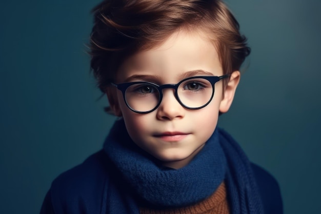 Portrait de beau petit garçon à lunettes regarde la caméra isolée sur fond bleu