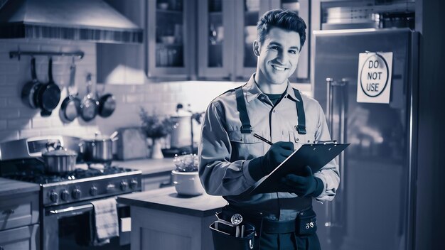 Portrait d'un beau technicien masculin faisant un rapport de travail sur un réfrigérateur cassé dans une cuisine domestique