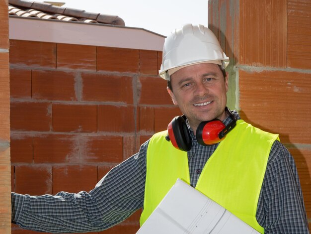 Photo portrait de beau travailleur acharné sur le chantier de construction