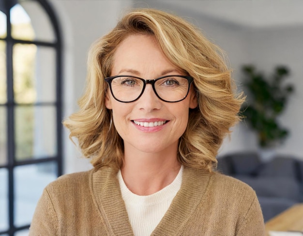 portrait de beauté blonde de quarante ans portant des lunettes souriante heureuse