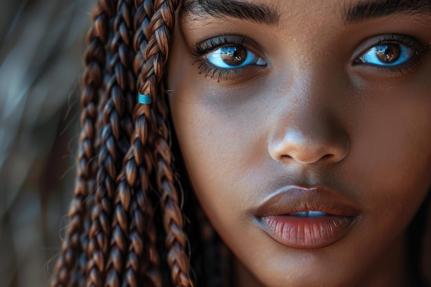 Portrait de beauté extrême en gros plan d'une jeune femme africaine montrant de longs cheveux tressés à côté du visage