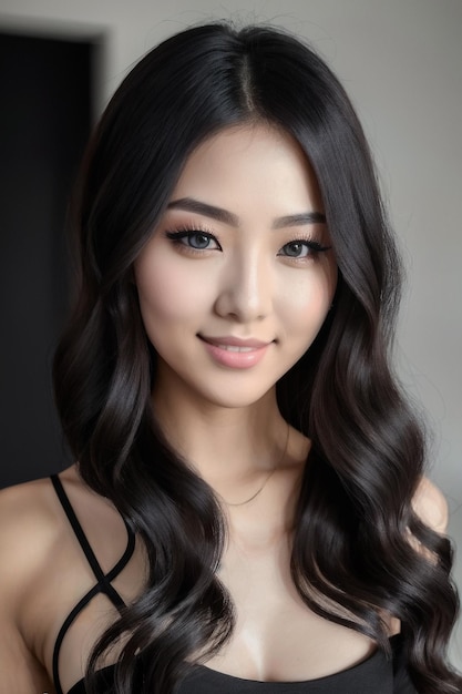 Portrait de beauté féminine asiatique fille sur robe noire yeux bleus