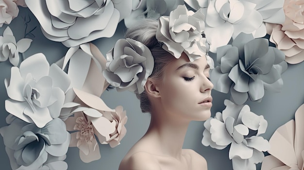 Portrait de beauté féminine grise méconnaissable avec fleur avec technologie IA générative