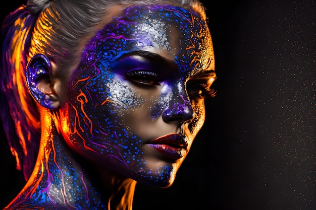 Portrait de beauté d'une femme à la peau noire dans des éclaboussures ultraviolettes de peinture colorée sur son visage gouttes Maquillage bleu galaxie étoiles violet foncé couleur des lèvres illustration 3d