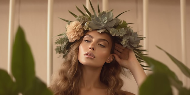 Photo portrait de beauté d'une femme avec une plante en studio pour le bien-être illustration ai generative