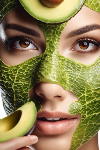 Photo portrait de beauté femme soins de la peau santé masque d'avocat fond blanc gros plan masque cosmétique