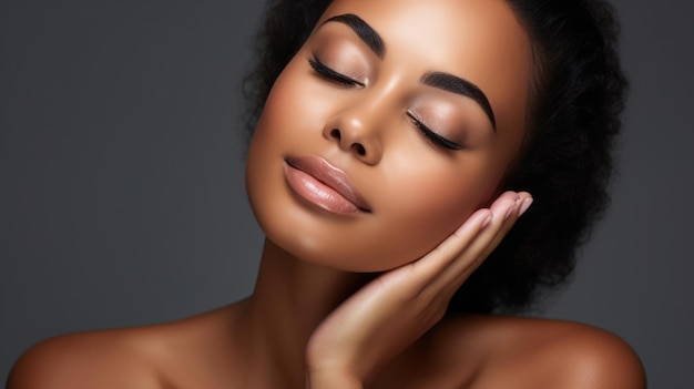 Portrait de beauté d'une fille afro-américaine Une belle femme noire touche son visage Traitement du visage Cosmétique soin de la peau et spa