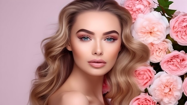 Portrait de beauté d'une fille aux cheveux coiffés et aux fleurs roses concept d'un salon de beauté soins de la peau ou salon de coiffure