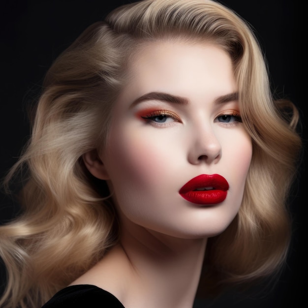 Portrait d'une beauté hollywoodienne classique aux cheveux blonds et au rouge à lèvres rouge