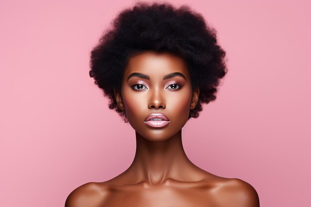 Portrait de beauté d'une jeune femme afro-américaine sur fond rose